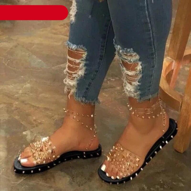 Chaussures d'été pour femme à bride transparente et boucle, sandales pour femme, jolies sandales plates habillées pour la plage, sandales plates décontractées à bout ouvert avec bride à la cheville et boucle, sandales plates à boucle réglable pour femme