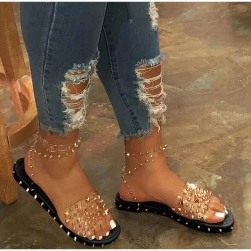 Chaussures d'été pour femme à bride transparente et boucle, sandales pour femme, jolies sandales plates habillées pour la plage, sandales plates décontractées à bout ouvert avec bride à la cheville et boucle, sandales plates à boucle réglable pour femme