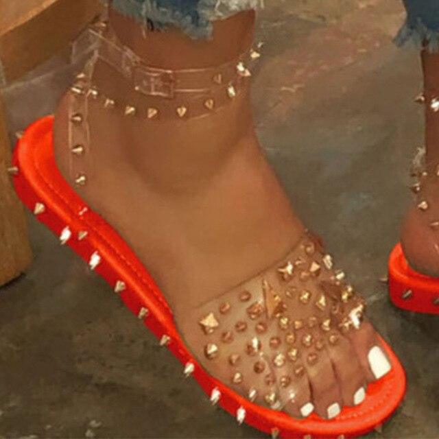 Chaussures d'été pour femme à bride transparente et boucle, sandales pour femme, jolies sandales plates habillées pour la plage, sandales plates décontractées à bout ouvert avec bride à la cheville et boucle, sandales plates à boucle réglable pour femme