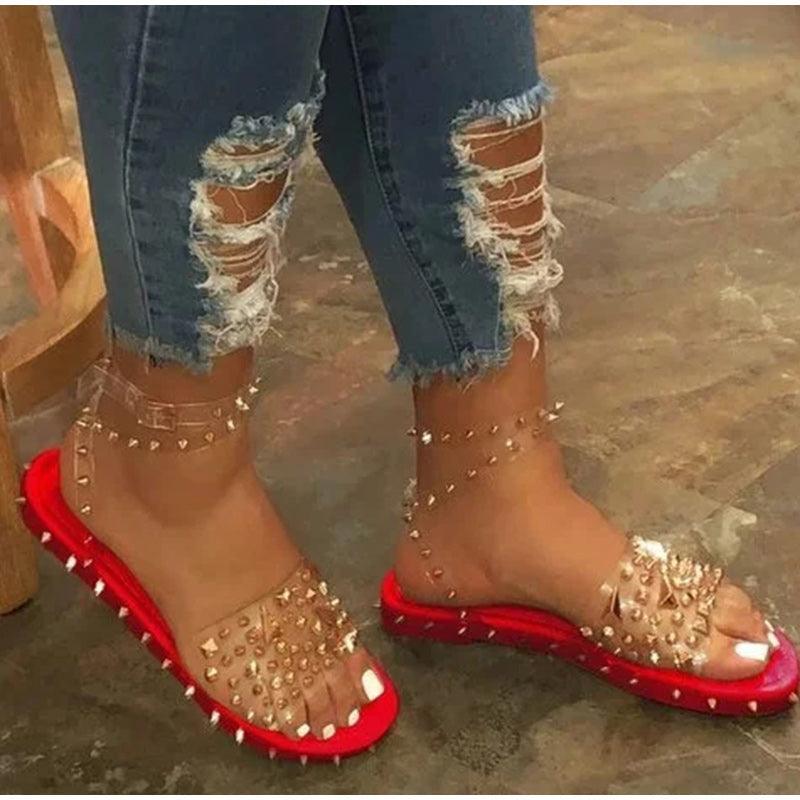 Chaussures d'été pour femme à bride transparente et boucle, sandales pour femme, jolies sandales plates habillées pour la plage, sandales plates décontractées à bout ouvert avec bride à la cheville et boucle, sandales plates à boucle réglable pour femme