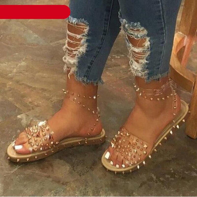Chaussures d'été pour femme à bride transparente et boucle, sandales pour femme, jolies sandales plates habillées pour la plage, sandales plates décontractées à bout ouvert avec bride à la cheville et boucle, sandales plates à boucle réglable pour femme