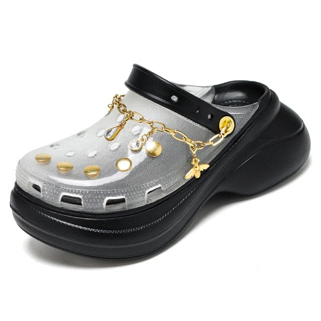 Sandales respirantes d'été pour femmes Chaussures de plage Femmes Pantoufles Claquettes Sandales mode Sabots Chaussures de marche légères avec chaîne Chaussures confortables pour la maison