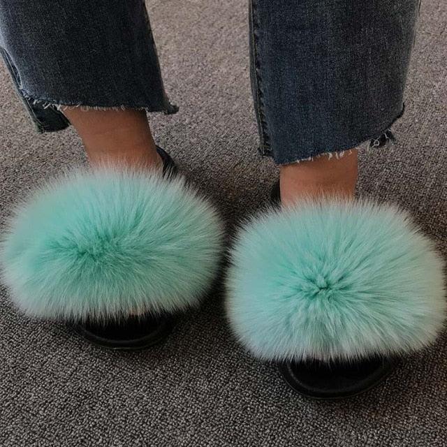 Pantoufles d'été pour femmes en fourrure de renard, sandales décontractées, tongs tendance, sandales plates et légères, sandales moelleuses pour l'intérieur et l'extérieur