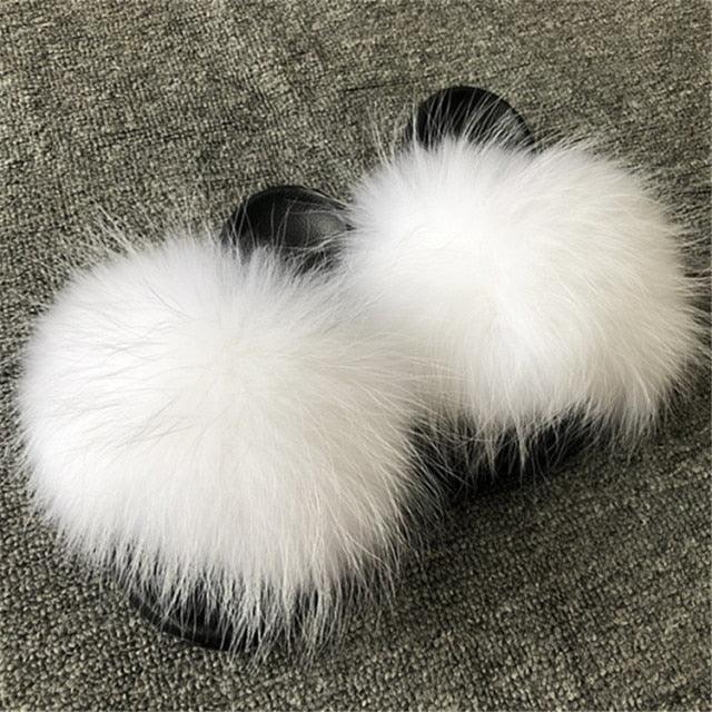 Pantoufles d'été pour femmes en fourrure de renard, sandales décontractées, tongs tendance, sandales plates et légères, sandales moelleuses pour l'intérieur et l'extérieur