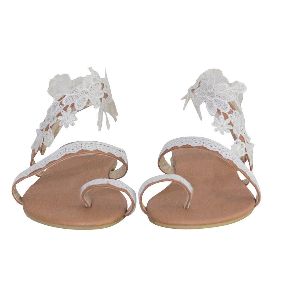 Sandales d'été pour femmes, chaussures plates à enfiler, en dentelle blanche, plates, à pince, décontractées, à lacets, à motif floral, pour la plage, confortables, élégantes, à anneau d'orteil, confortables