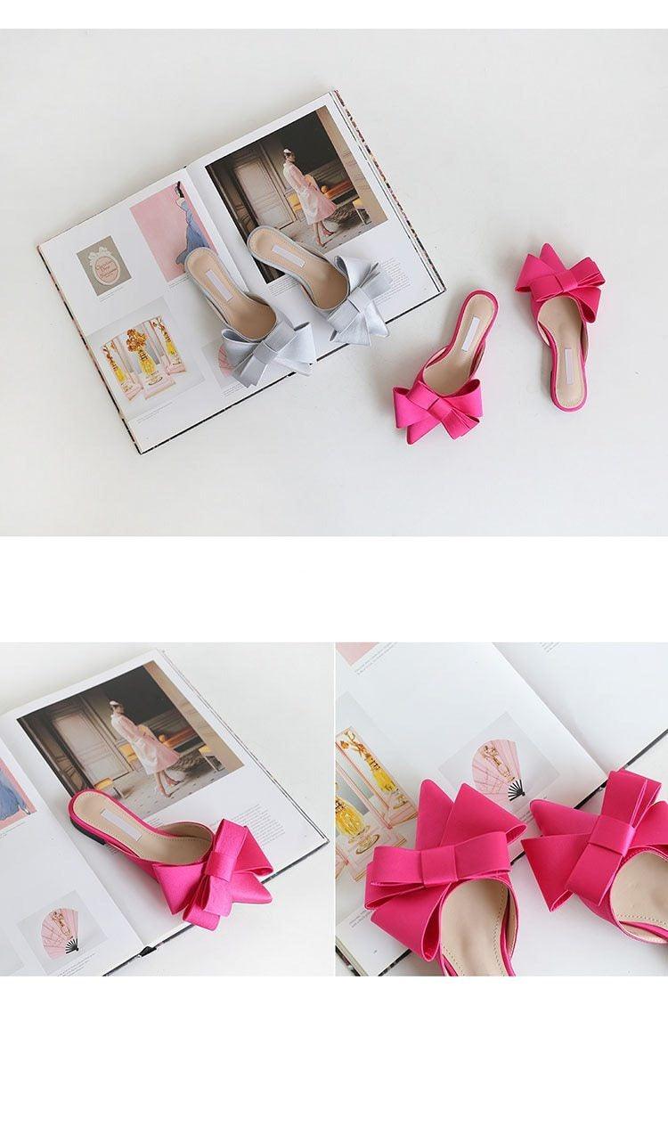 Chaussures d'été pour femmes en satin de soie, pantoufles tendance, talons plats, chaussures pour femmes en satin de soie, nœud pointu, talons plats, sandales d'extérieur, sandales décontractées, talons bas d'été