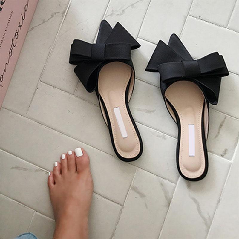 Chaussures d'été pour femmes en satin de soie, pantoufles tendance, talons plats, chaussures pour femmes en satin de soie, nœud pointu, talons plats, sandales d'extérieur, sandales décontractées, talons bas d'été
