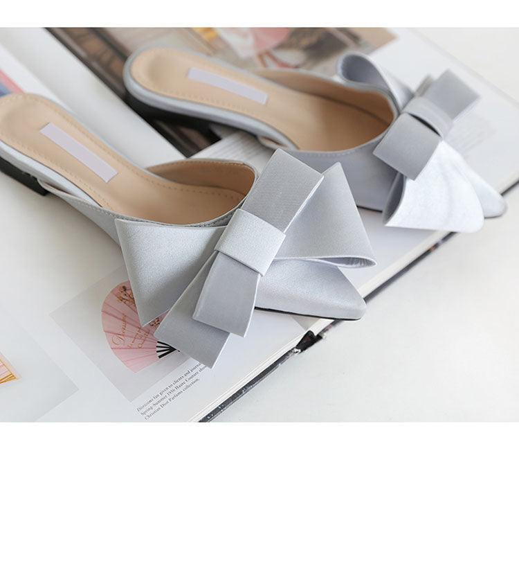 Chaussures d'été pour femmes en satin de soie, pantoufles tendance, talons plats, chaussures pour femmes en satin de soie, nœud pointu, talons plats, sandales d'extérieur, sandales décontractées, talons bas d'été