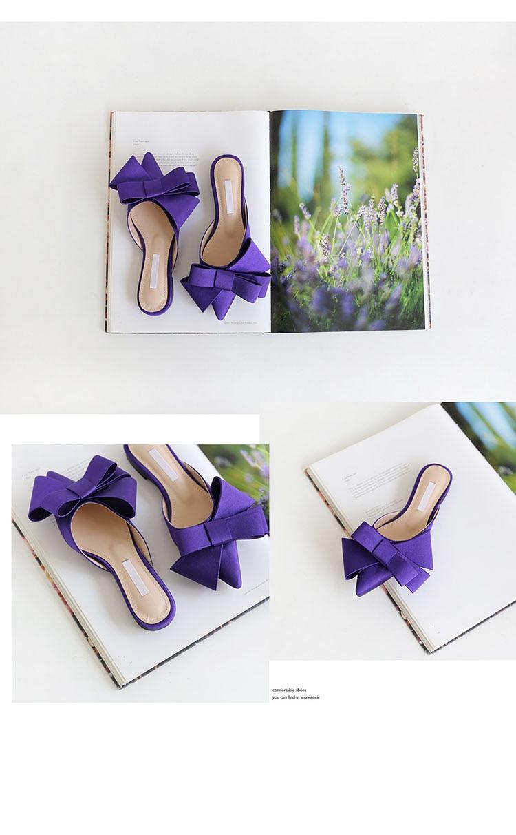 Chaussures d'été pour femmes en satin de soie, pantoufles tendance, talons plats, chaussures pour femmes en satin de soie, nœud pointu, talons plats, sandales d'extérieur, sandales décontractées, talons bas d'été