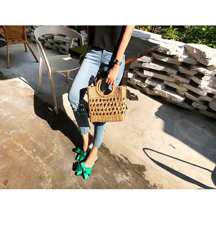 Chaussures d'été pour femmes en satin de soie, pantoufles tendance, talons plats, chaussures pour femmes en satin de soie, nœud pointu, talons plats, sandales d'extérieur, sandales décontractées, talons bas d'été