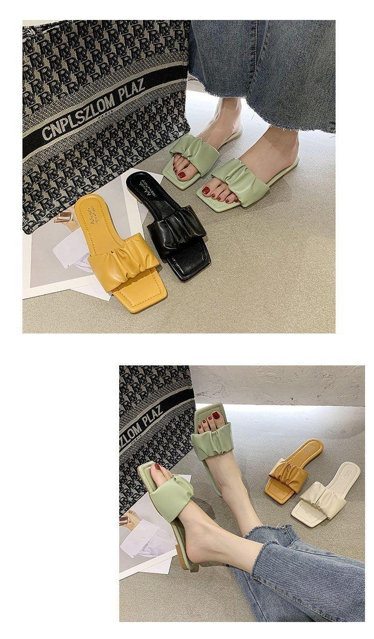 Sandales d'été pour femmes, chaussons plissés, tongs décontractées de plage à bout carré ouvert, chaussures d'extérieur, sandales plates à bout ouvert, sandales à enfiler, sandales plates à lanières.