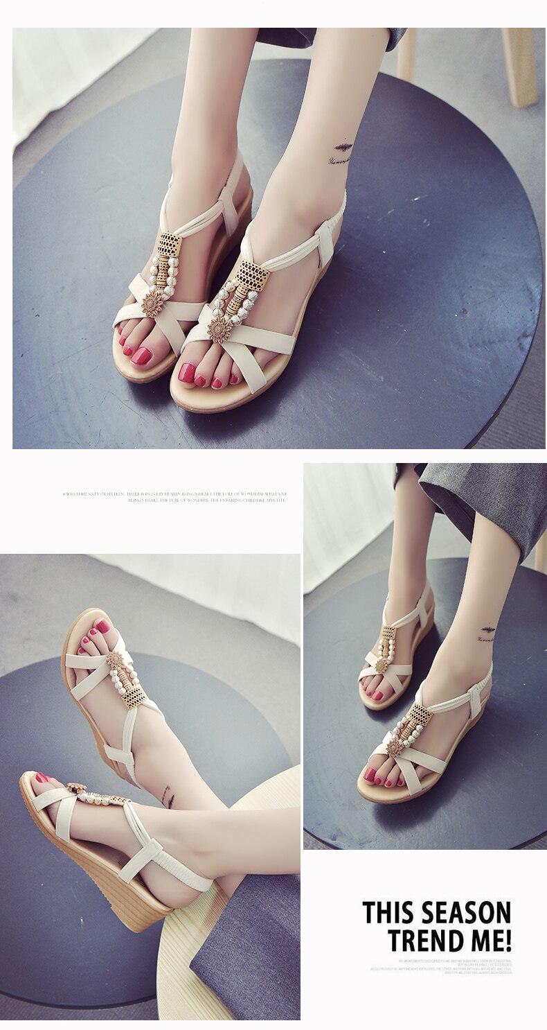 Sandales d'été pour femmes, douces, confortables, modernes, plates, à perles, confortables, à bride cheville, à enfiler, plates, élastiques, chaussures d'été confortables