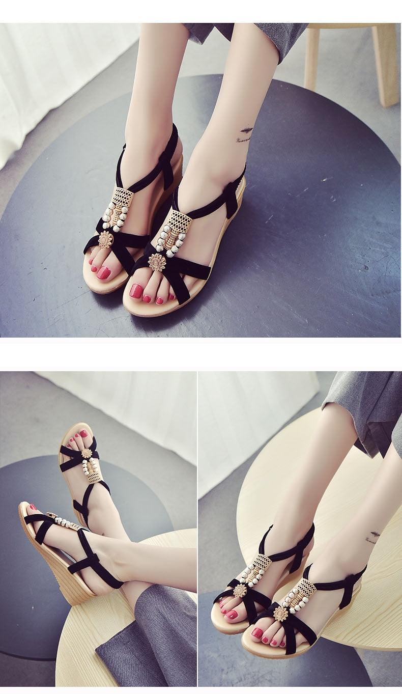 Sandales d'été pour femmes, douces, confortables, modernes, plates, à perles, confortables, à bride cheville, à enfiler, plates, élastiques, chaussures d'été confortables