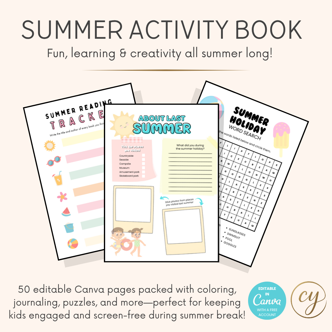 Summer Activity Book for Kids – 50-Page Canva Template with Coloring, Puzzles & Journal Prompts