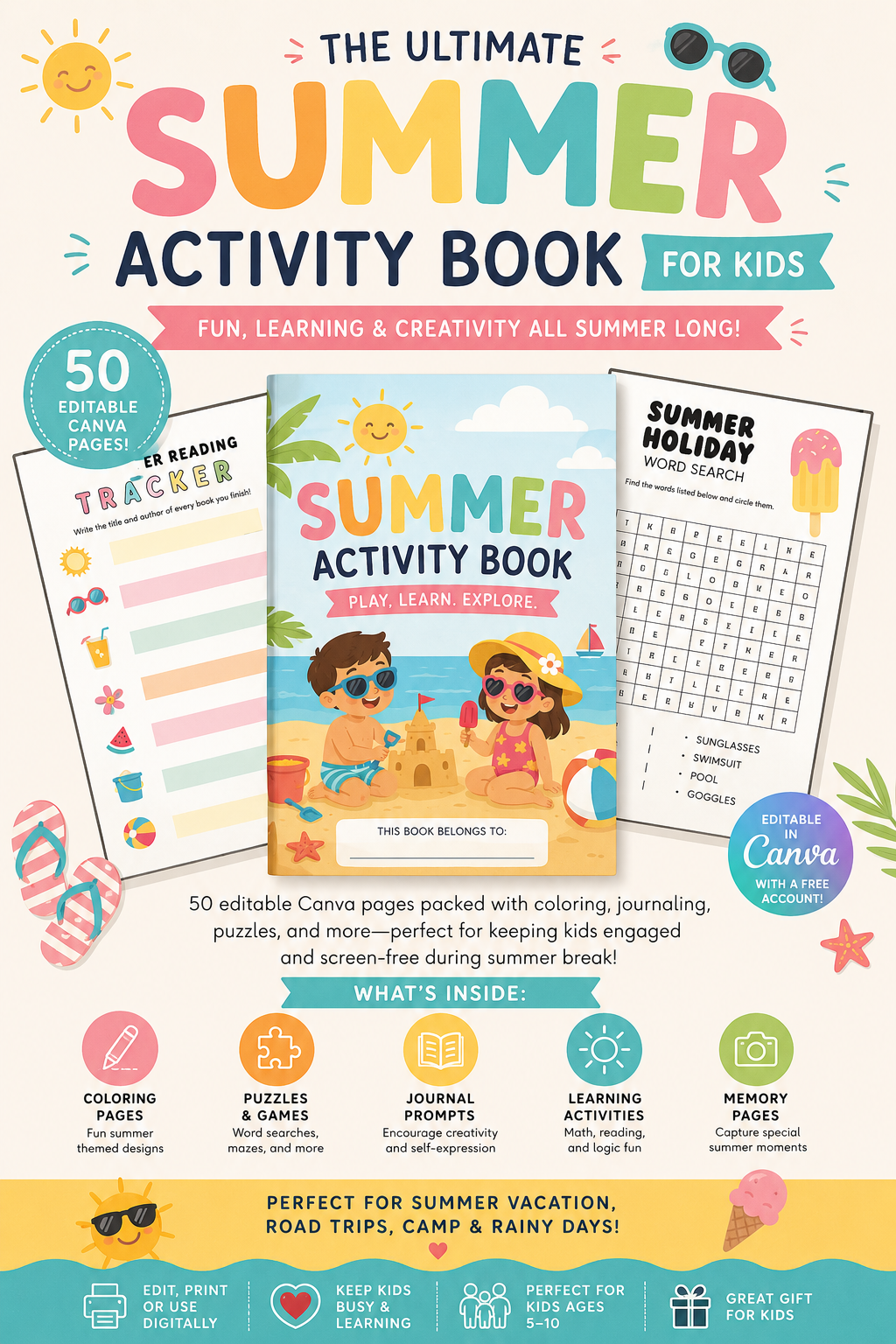 Summer Activity Book for Kids – 50-Page Canva Template with Coloring, Puzzles & Journal Prompts