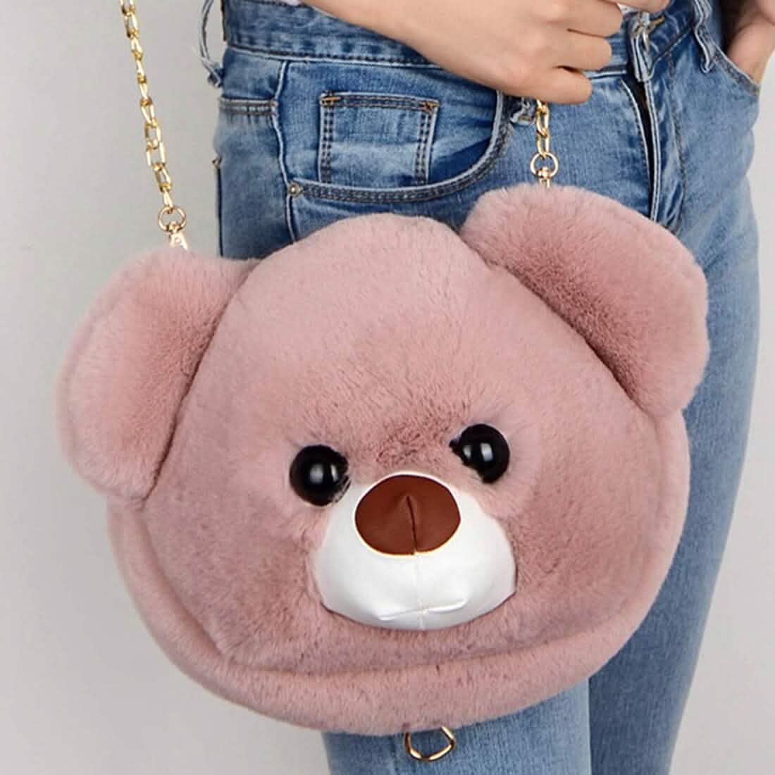 Sac à main femme en fausse fourrure super mignon à tête d'ours animal