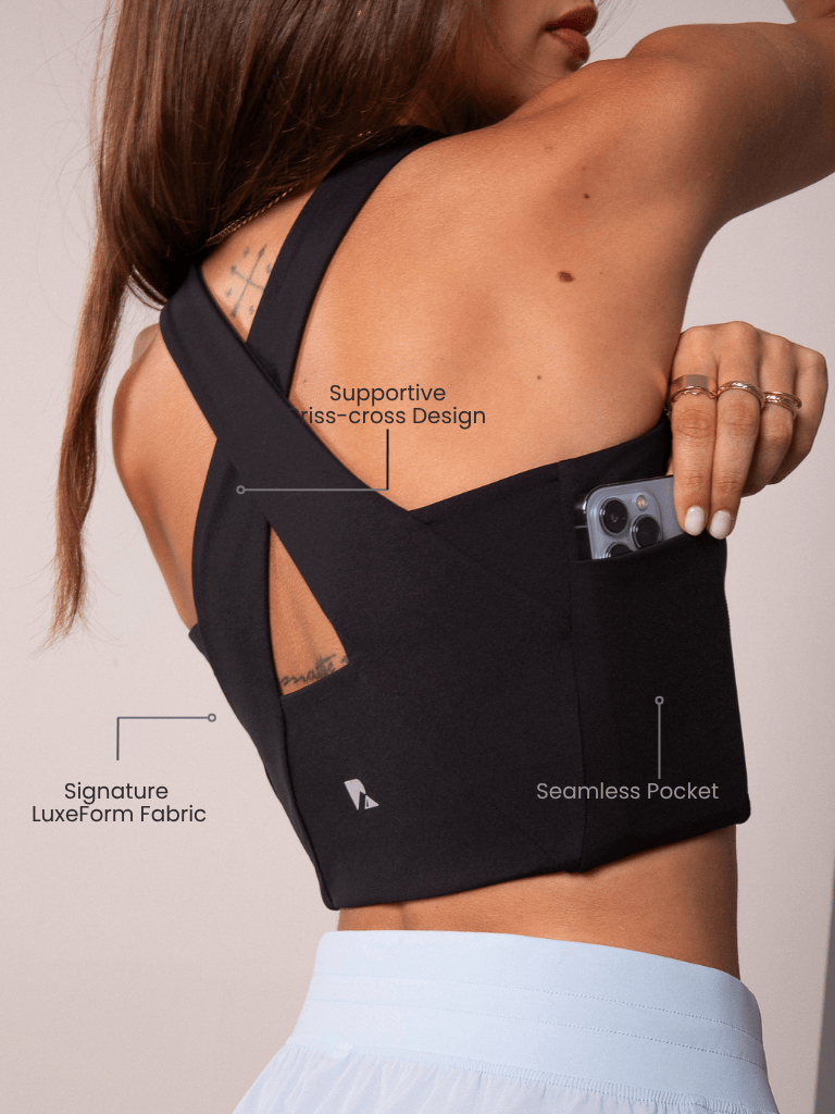 Débardeur d'entraînement pour femme avec poches pour téléphone - Noir | Dos croisé LuxeForm