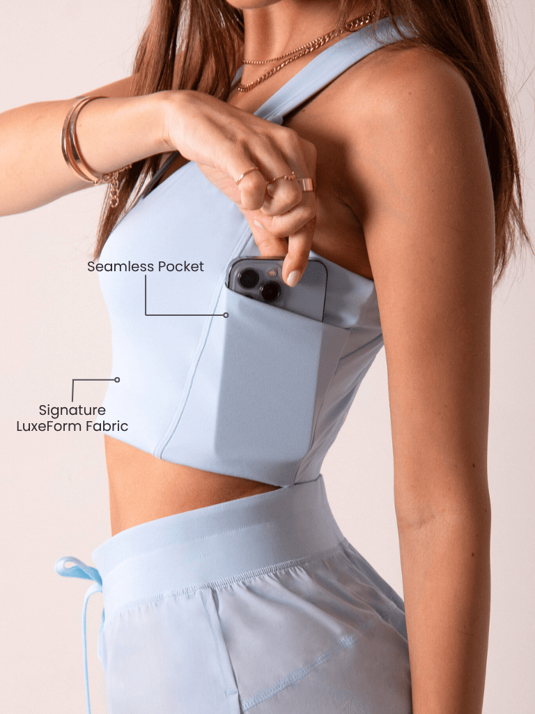 Débardeur d'entraînement pour femme avec poches pour téléphone - Bleu Bébé | Dos croisé LuxeForm