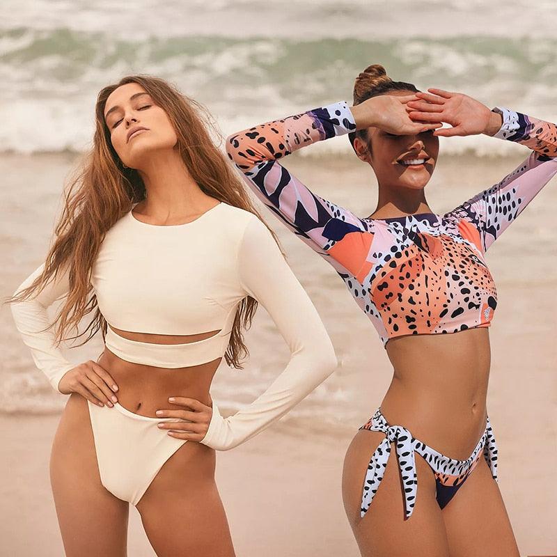 Maillot de bain de surf pour femme Bikini manches longues Maillot de bain imprimé tigre Push Up Maillot de bain d'été deux pièces Rash Guard de surf Bikini manches longues Ensemble maillot de bain