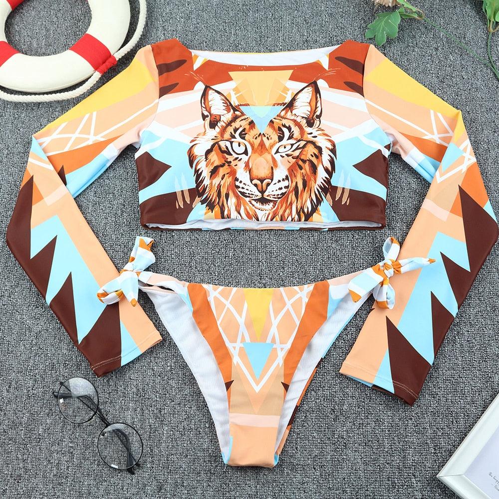 Maillot de bain de surf pour femme Bikini manches longues Maillot de bain imprimé tigre Push Up Maillot de bain d'été deux pièces Rash Guard de surf Bikini manches longues Ensemble maillot de bain