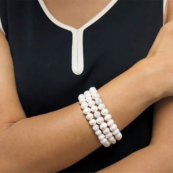 Bracelet extensible en cristal Swarovski et véritables perles d'eau douce