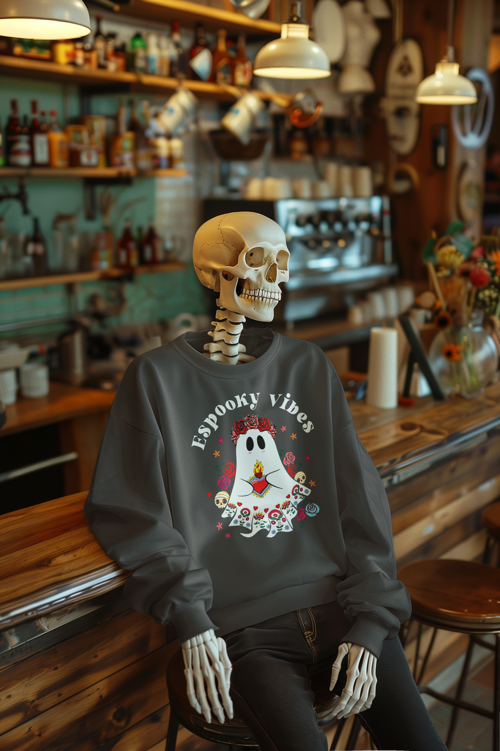 Espooky Vibes - Vibras Spooky Ghost Crewneck Sweater | Halloween, Boo Scary Spooky Horror Costume Latino | 3 couleurs - Unisexe