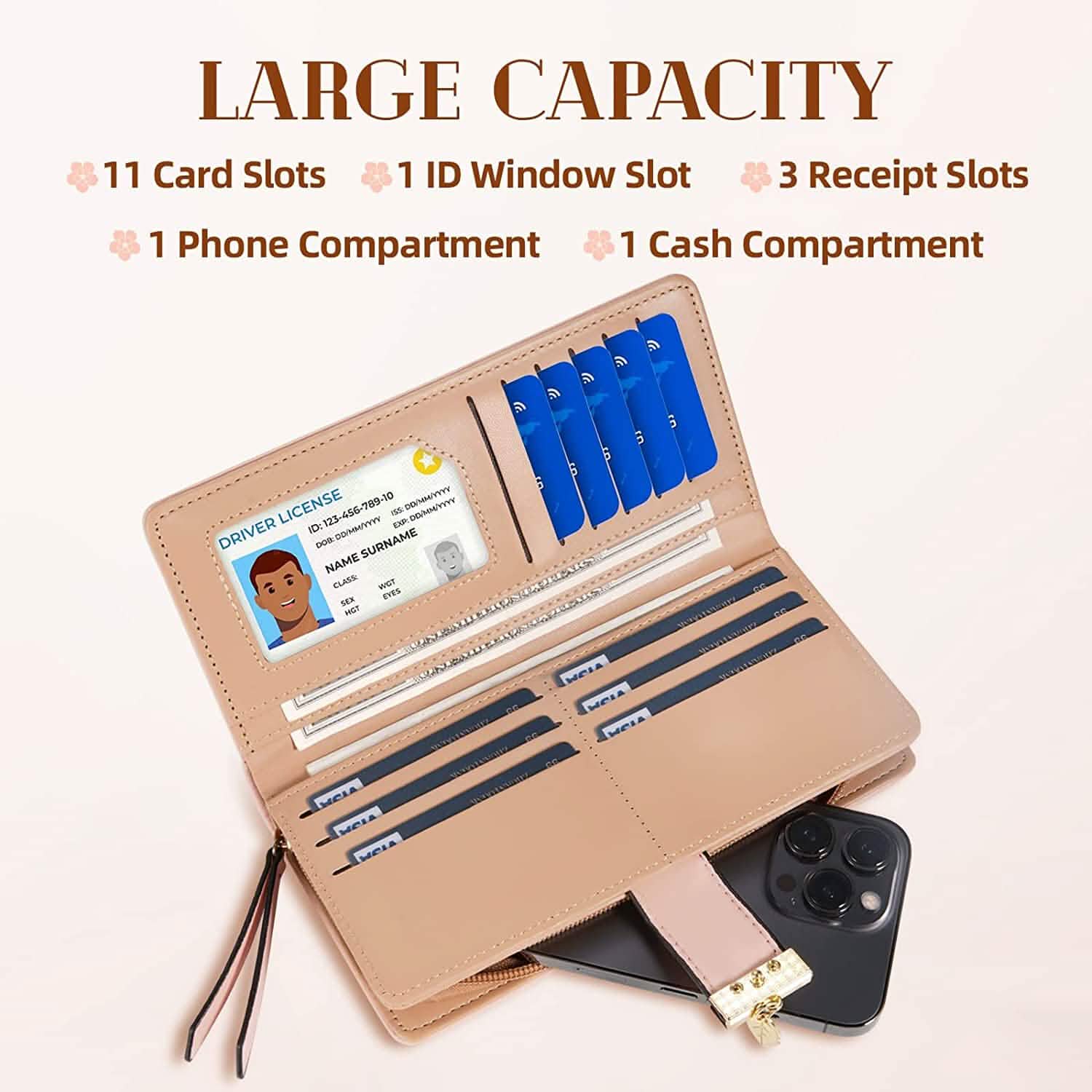 Joli portefeuille bifold long pour femme avec motif feuilles