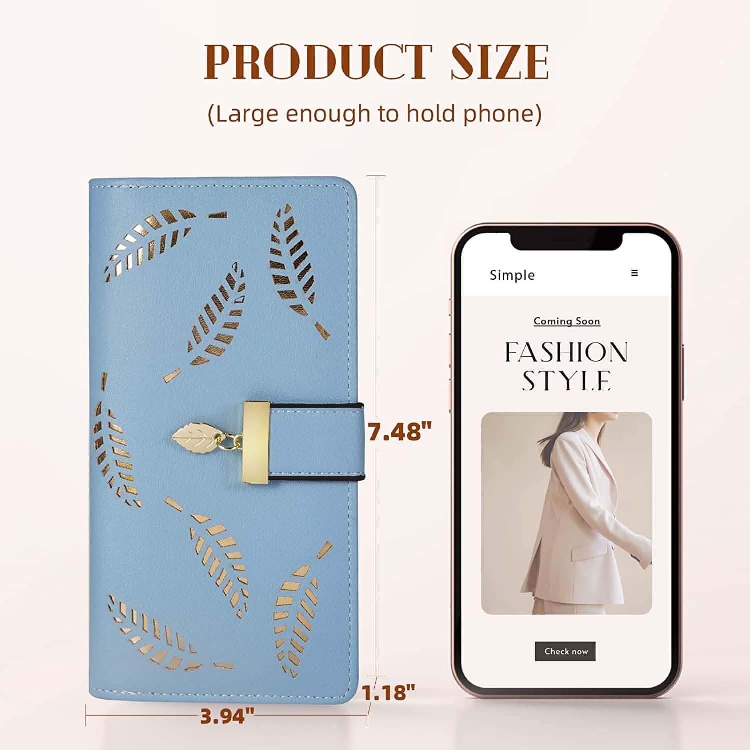 Joli portefeuille bifold long pour femme avec motif feuilles