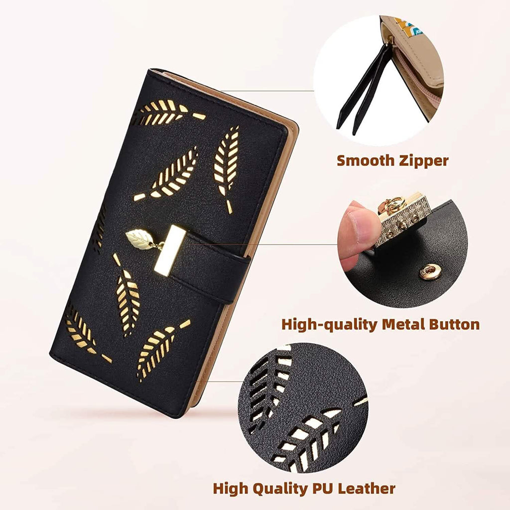 Joli portefeuille bifold long pour femme avec motif feuilles