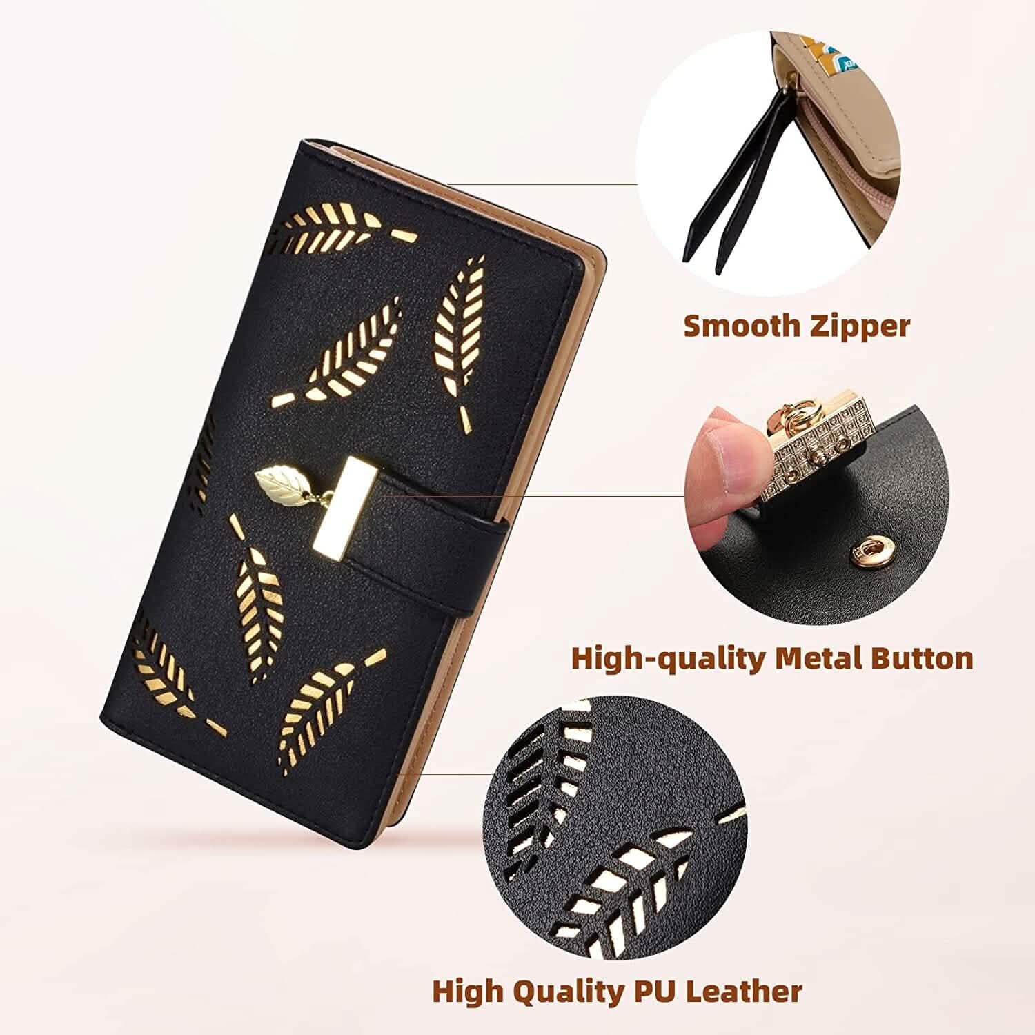 Joli portefeuille bifold long pour femme avec motif feuilles