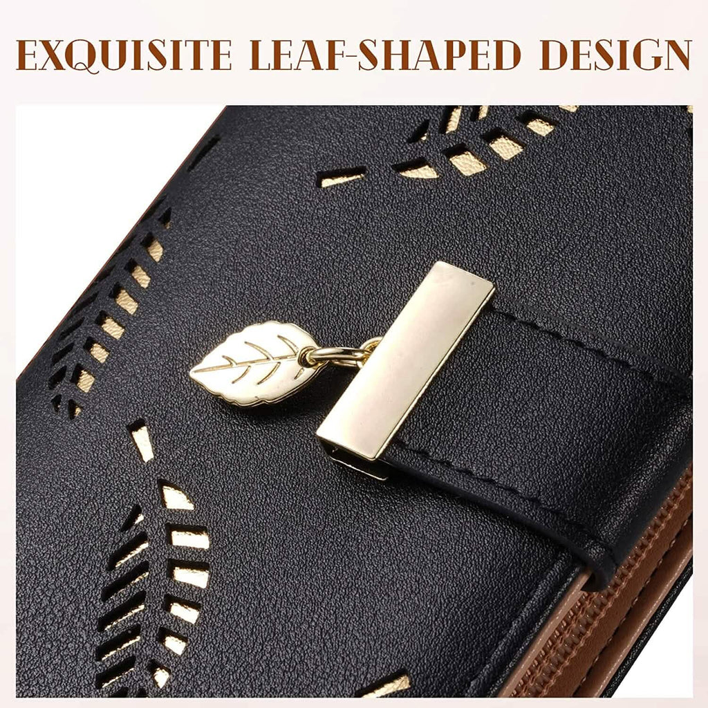 Joli portefeuille bifold long pour femme avec motif feuilles