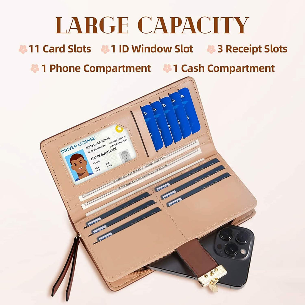 Joli portefeuille bifold long pour femme avec motif feuilles