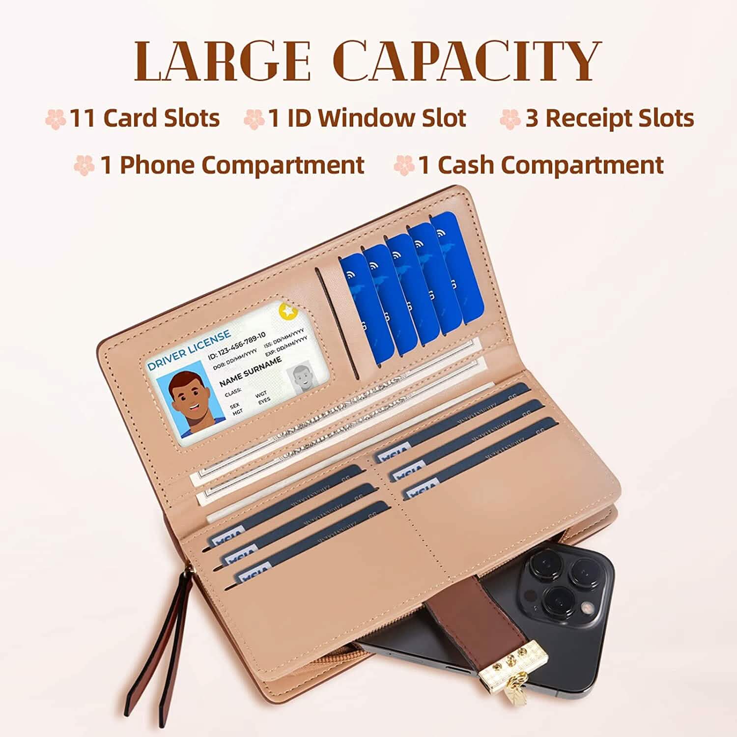 Joli portefeuille bifold long pour femme avec motif feuilles