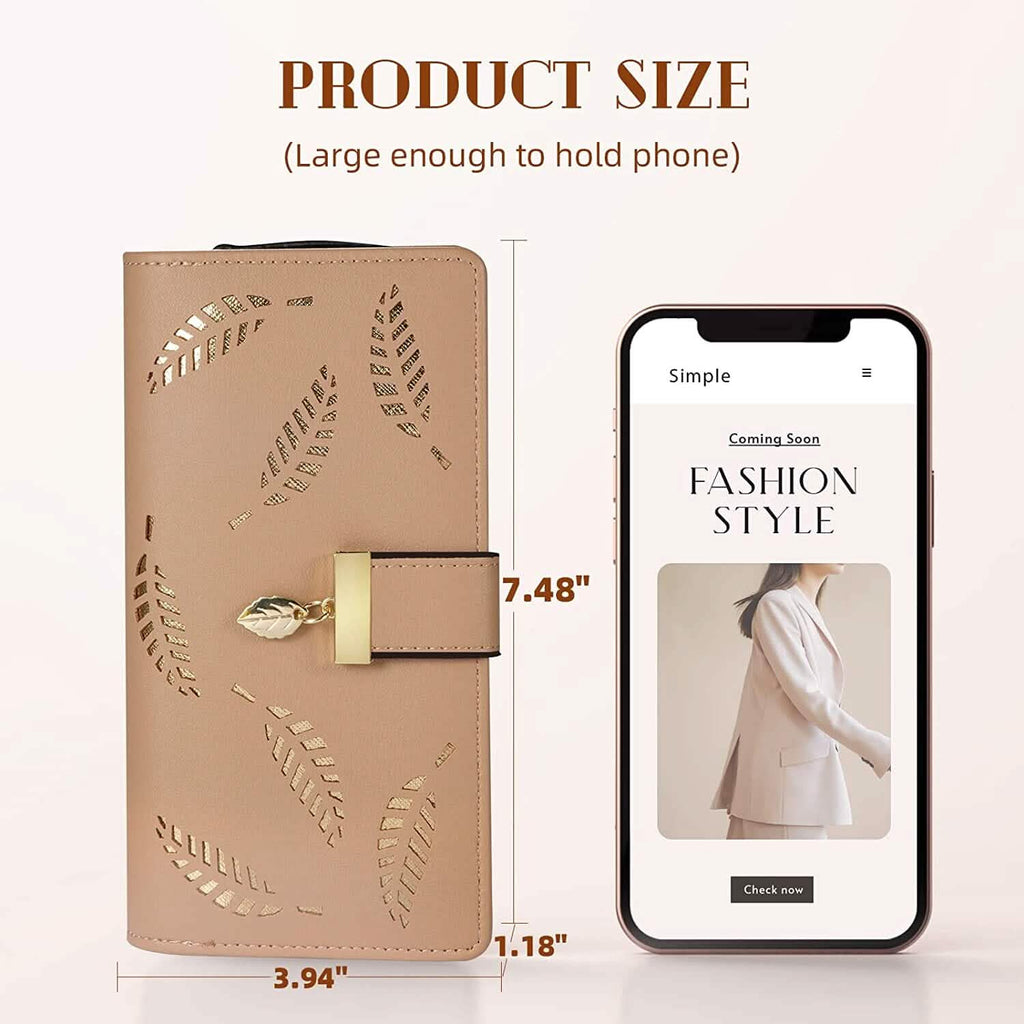 Joli portefeuille bifold long pour femme avec motif feuilles