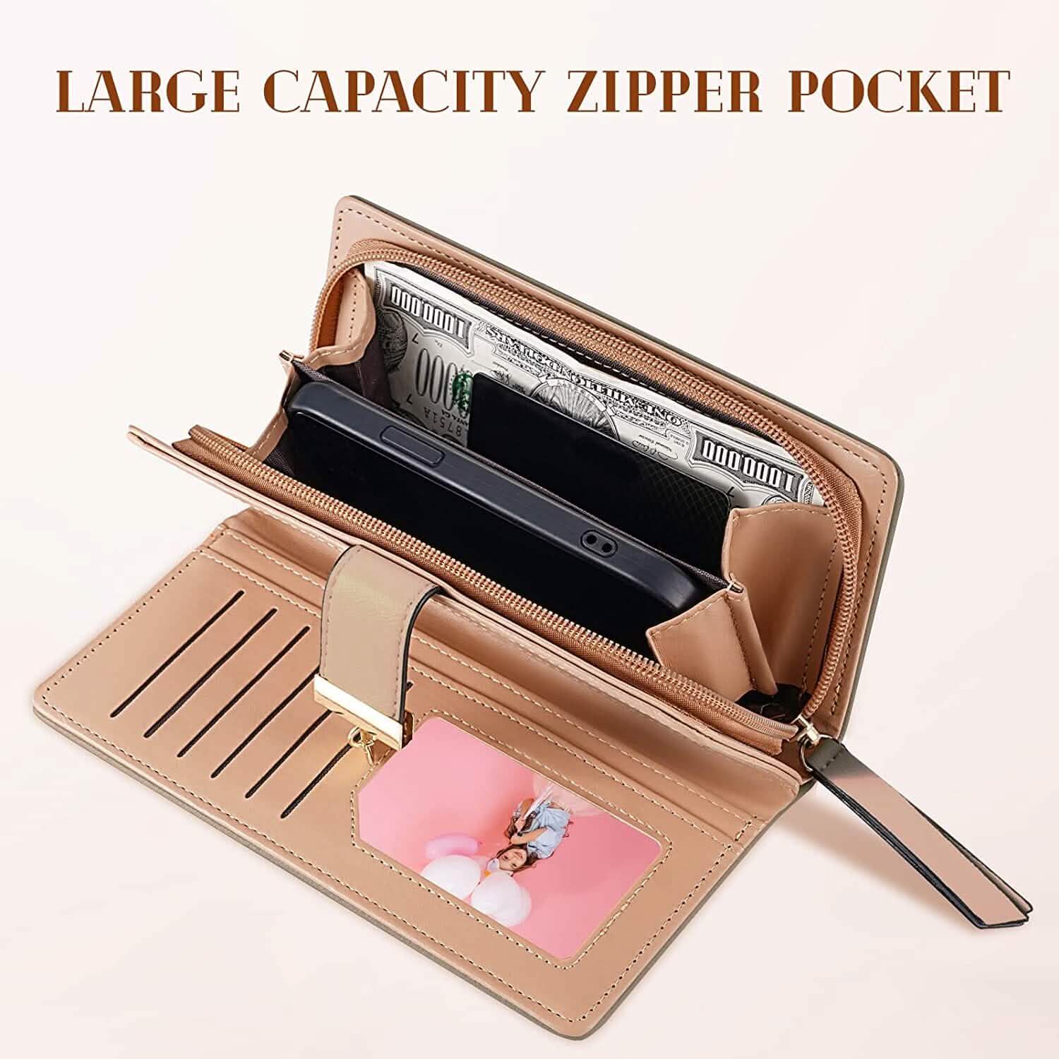 Joli portefeuille bifold long pour femme avec motif feuilles
