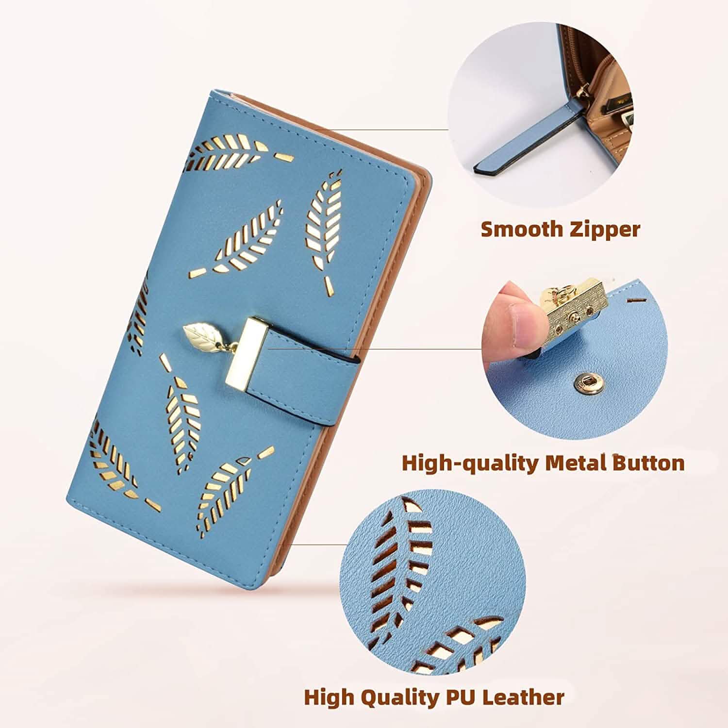 Joli portefeuille bifold long pour femme avec motif feuilles