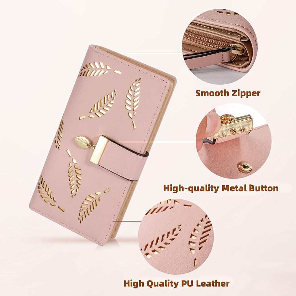 Joli portefeuille bifold long pour femme avec motif feuilles