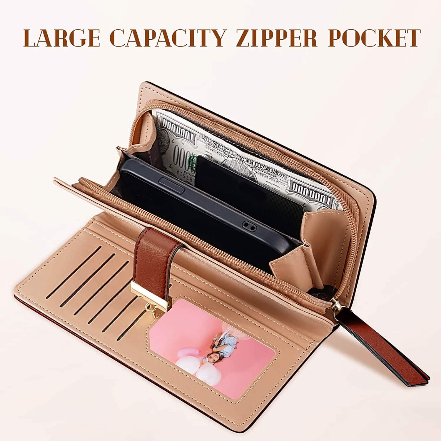 Joli portefeuille bifold long pour femme avec motif feuilles