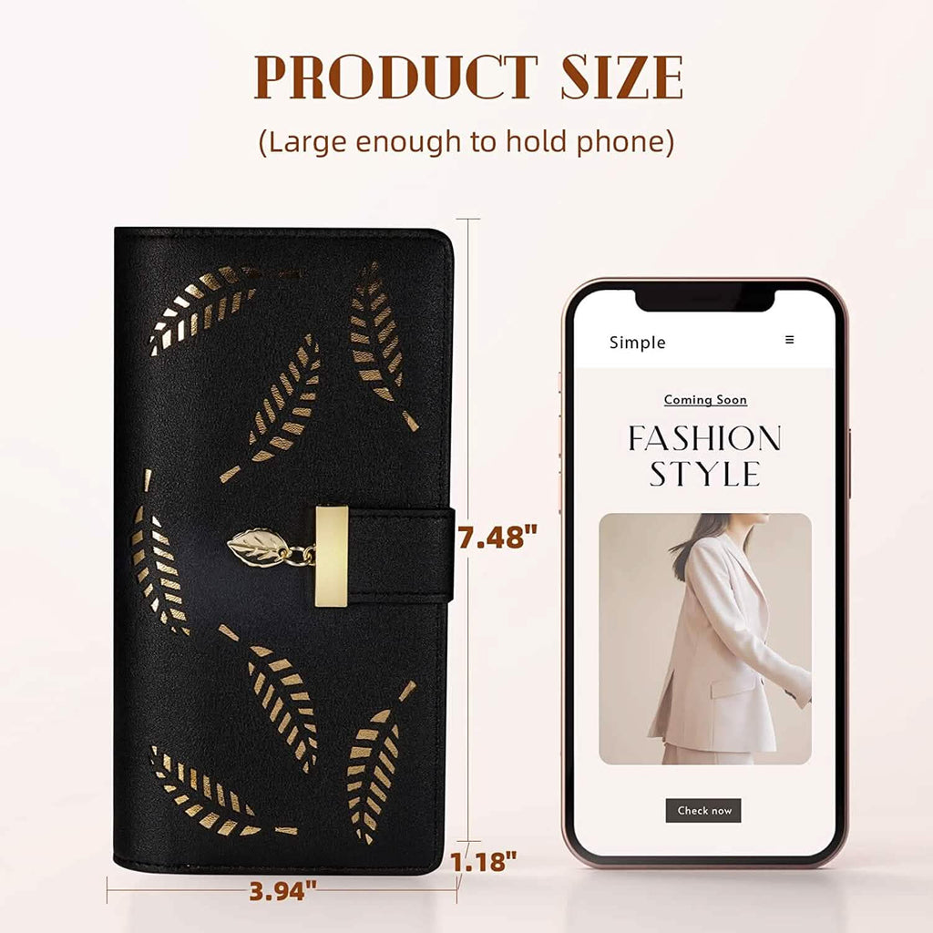 Joli portefeuille bifold long pour femme avec motif feuilles