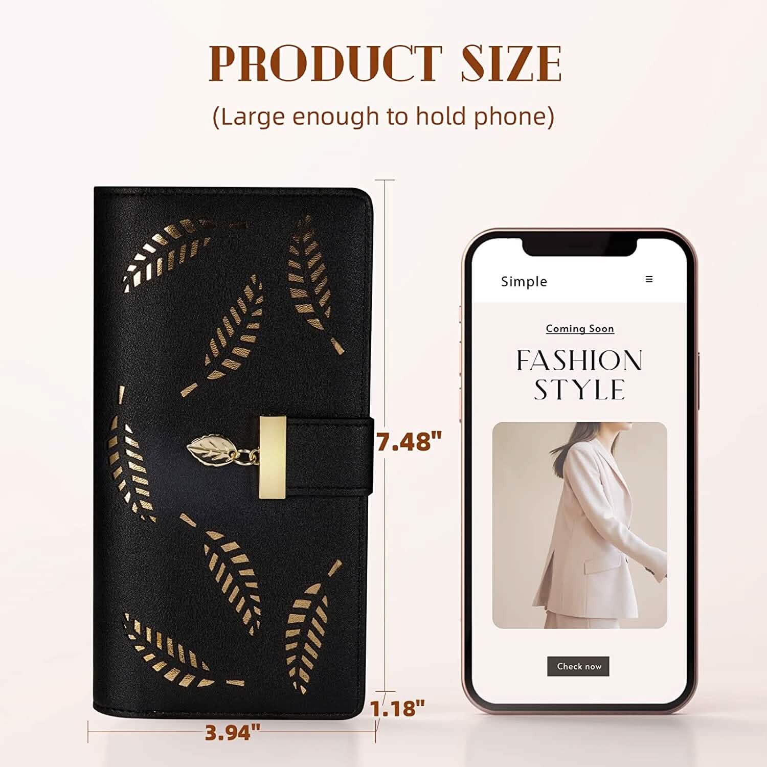 Joli portefeuille bifold long pour femme avec motif feuilles
