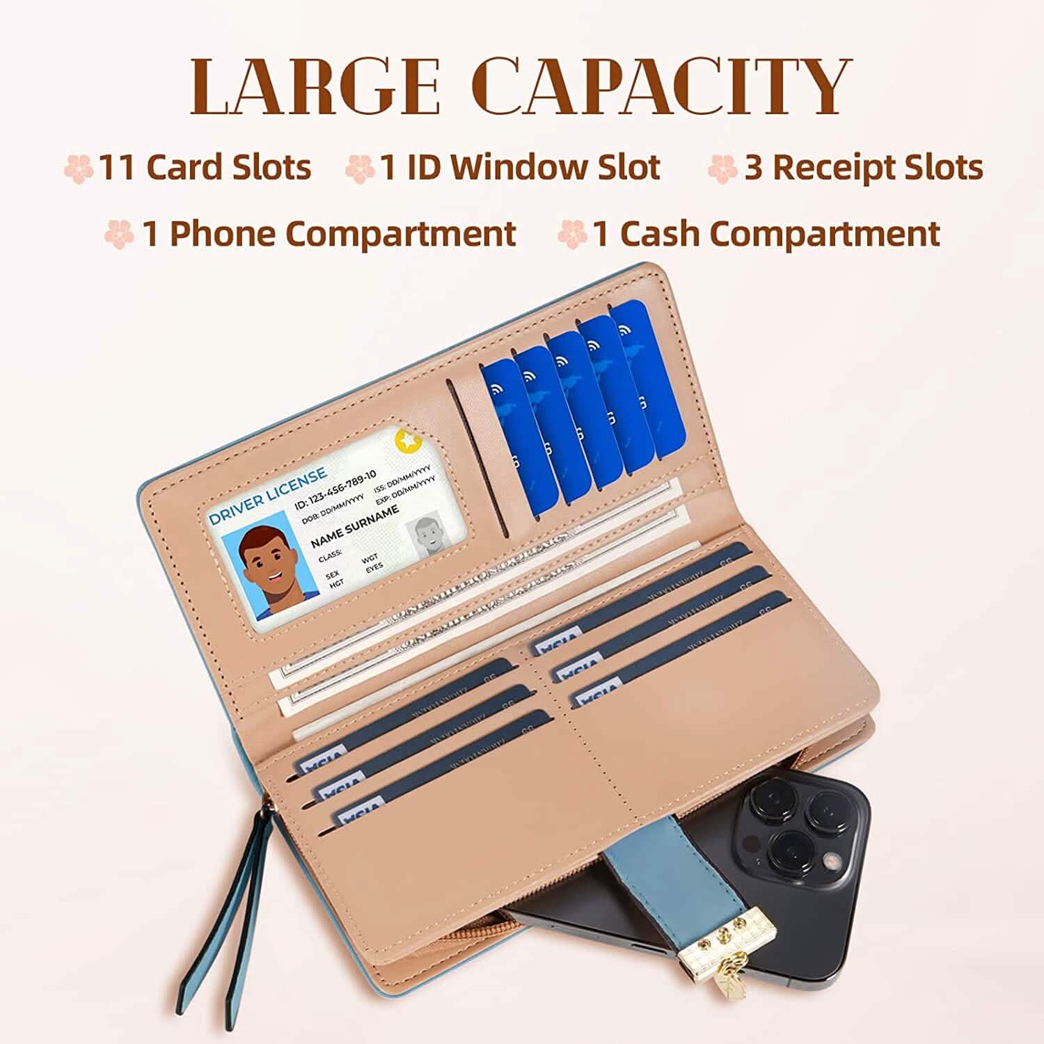 Joli portefeuille bifold long pour femme avec motif feuilles