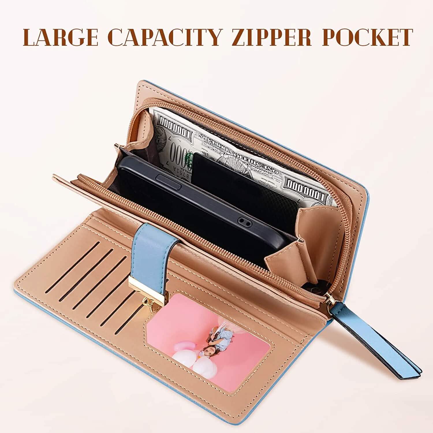 Joli portefeuille bifold long pour femme avec motif feuilles