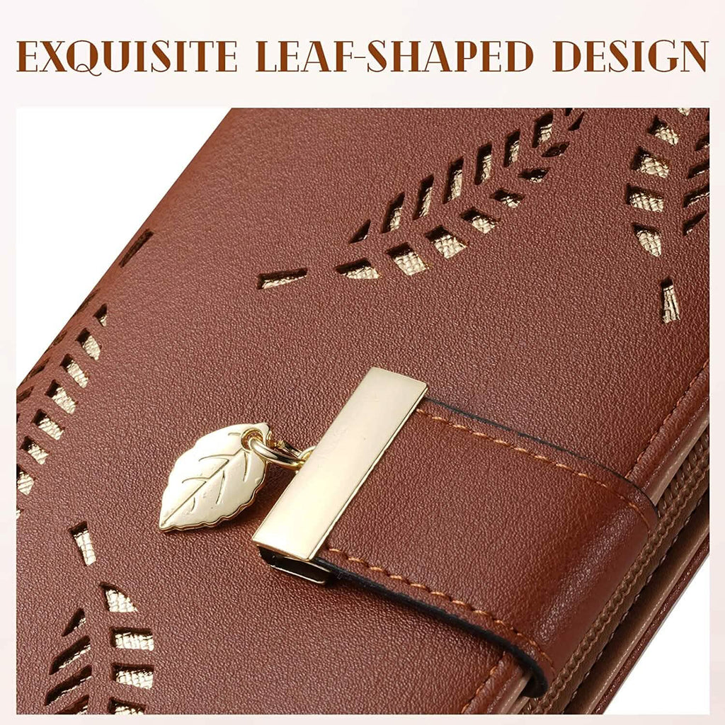 Joli portefeuille bifold long pour femme avec motif feuilles