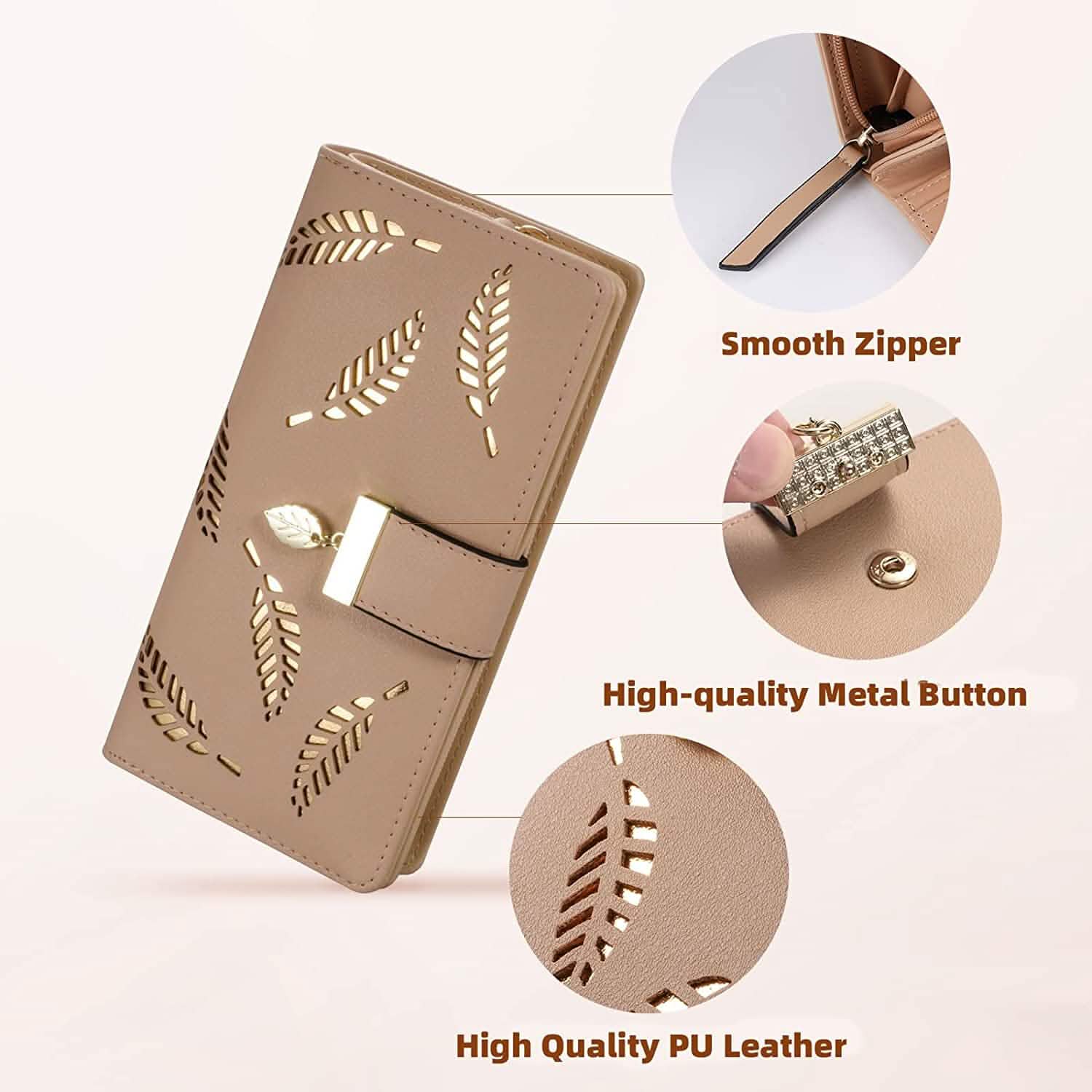 Joli portefeuille bifold long pour femme avec motif feuilles