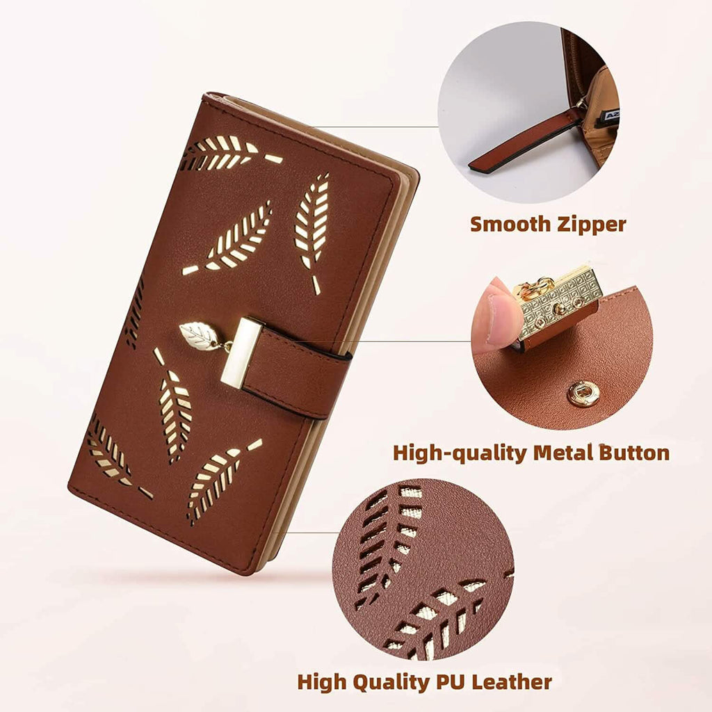 Joli portefeuille bifold long pour femme avec motif feuilles