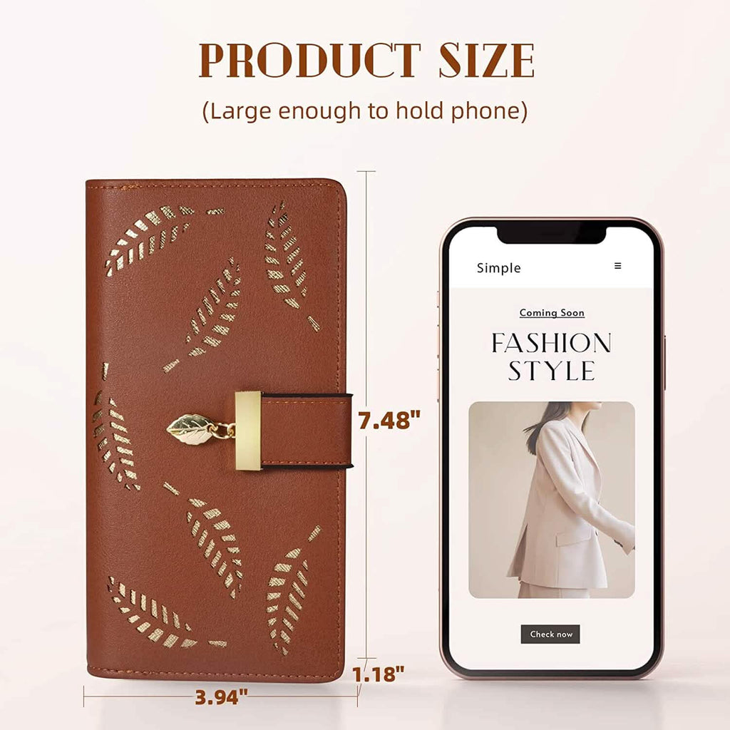 Joli portefeuille bifold long pour femme avec motif feuilles