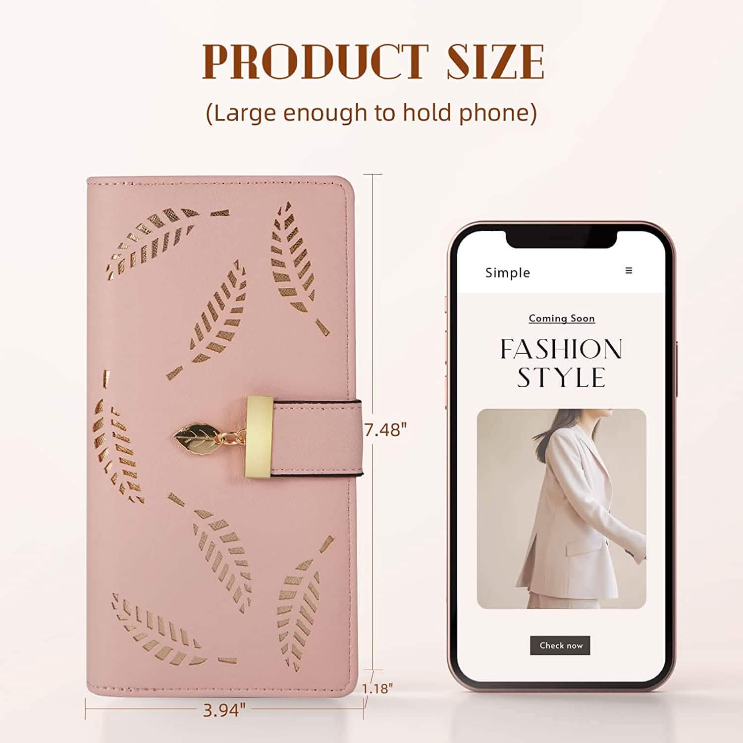 Joli portefeuille bifold long pour femme avec motif feuilles