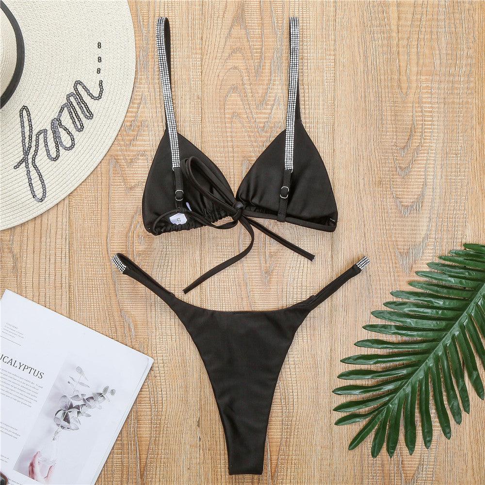 Maillot de bain femme Micro Bikini Uni Noir String Maillots de bain Maillot de bain 2 pièces Bikinis pour femmes Maillot de bain deux pièces pour femmes