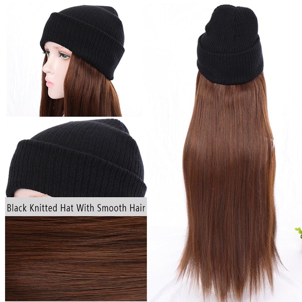 Perruques synthétiques pour femmes, chapeau tricoté long et droit, extension de cheveux noirs, perruque avec cheveux naturellement connectés, pour femmes noires, perruques de Cosplay pour femmes