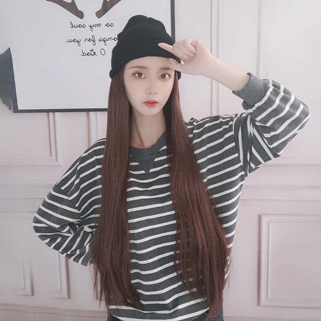 Perruques synthétiques pour femmes, chapeau tricoté long et droit, extension de cheveux noirs, perruque avec cheveux naturellement connectés, pour femmes noires, perruques de Cosplay pour femmes